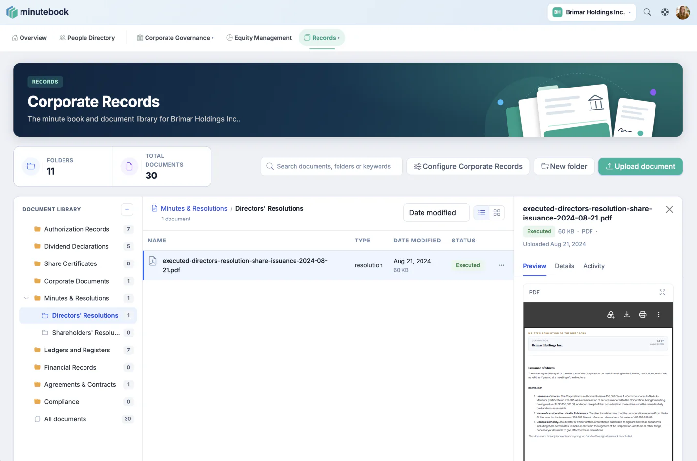 The corporate records page in Minute Book Cloud, with the document library folders on the left, the Directors' Resolutions folder open, and an executed directors' resolution for a share issuance previewed as a PDF.