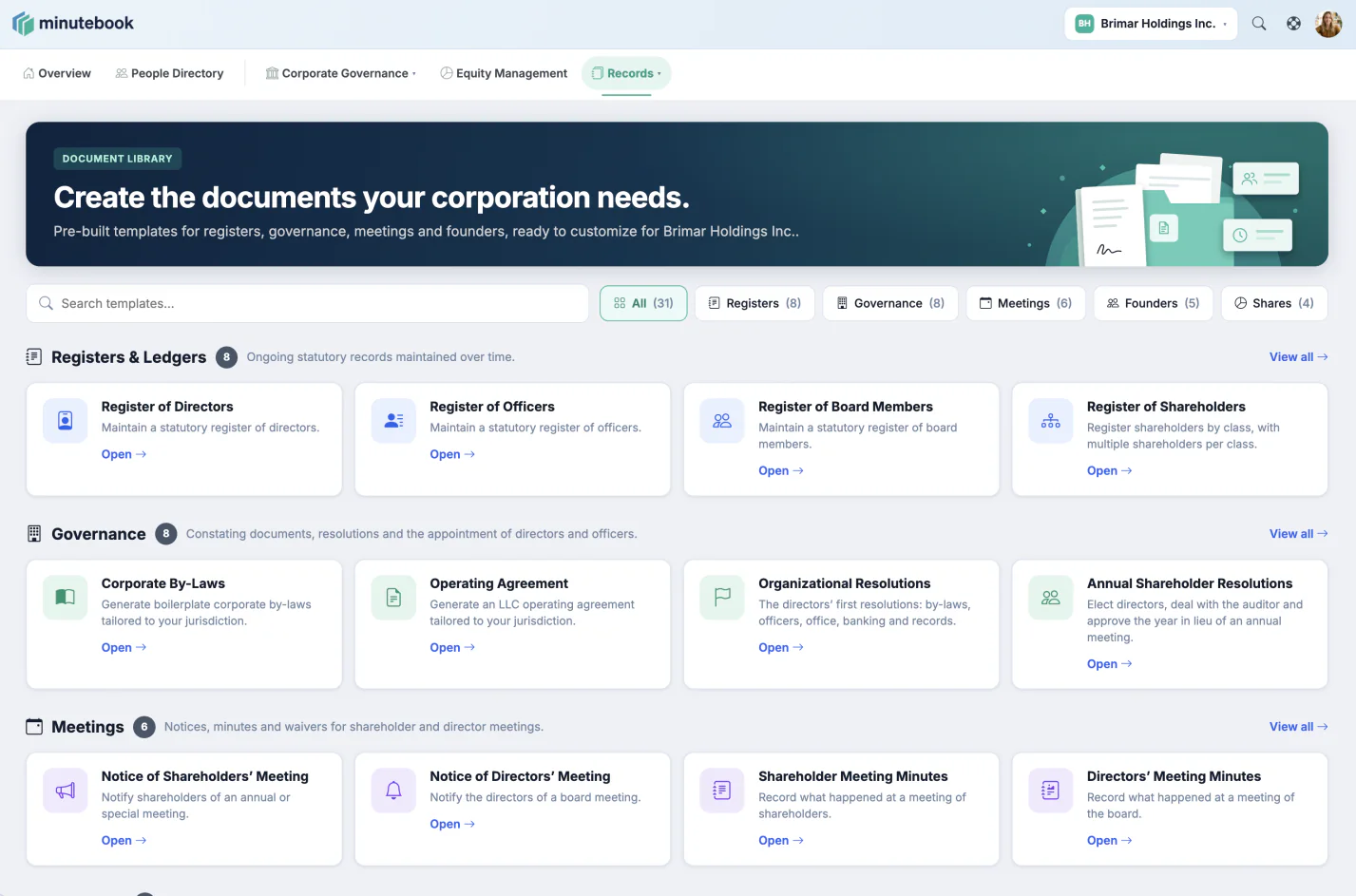 Minute Book Cloud document library showing corporate registers, governance records, meetings and resolutions organized in one workspace.