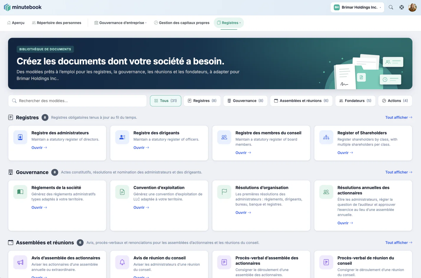 Bibliothèque de documents de Minute Book Cloud montrant des registres, des documents de gouvernance, des réunions et des résolutions organisés au même endroit.