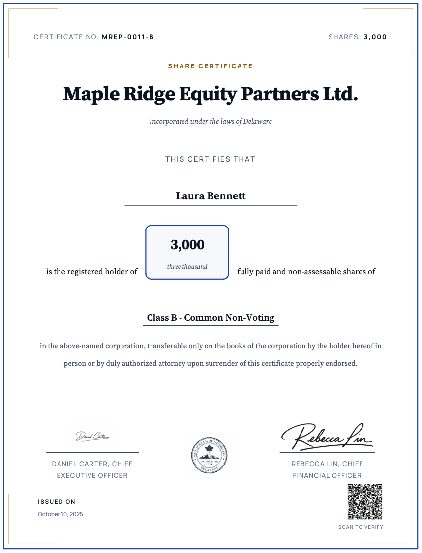 Preview of the share certificate template PDF