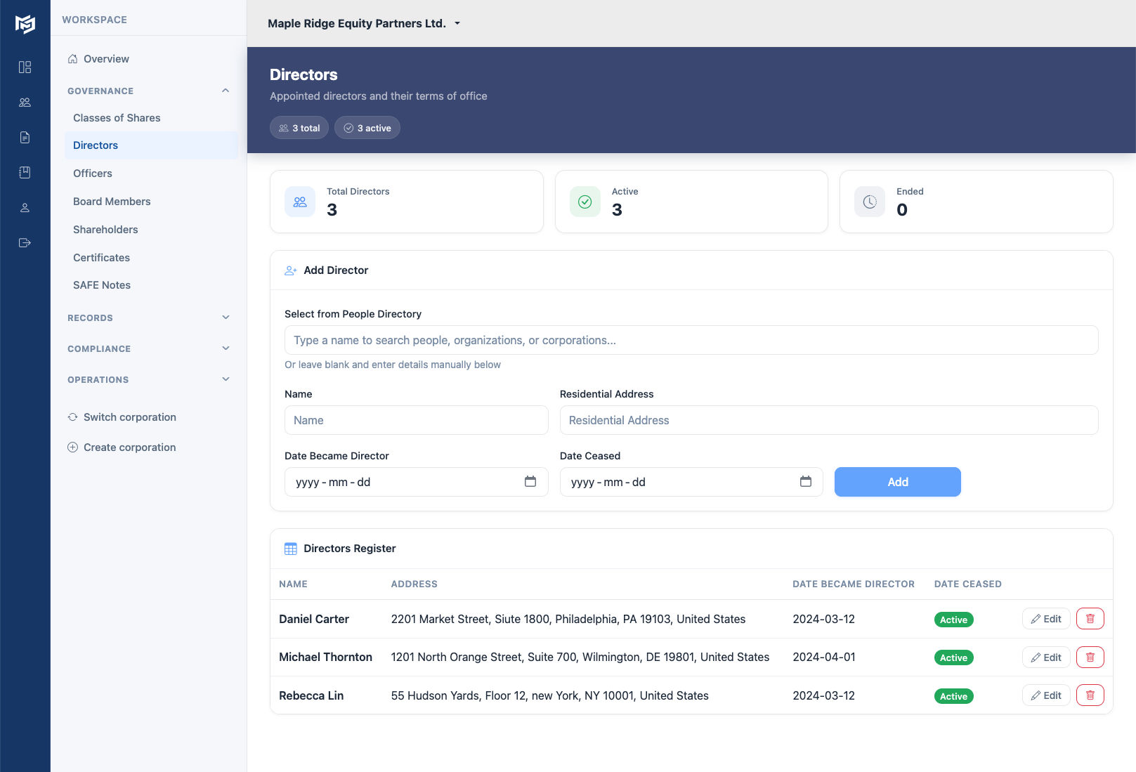 Preview of the Directors page