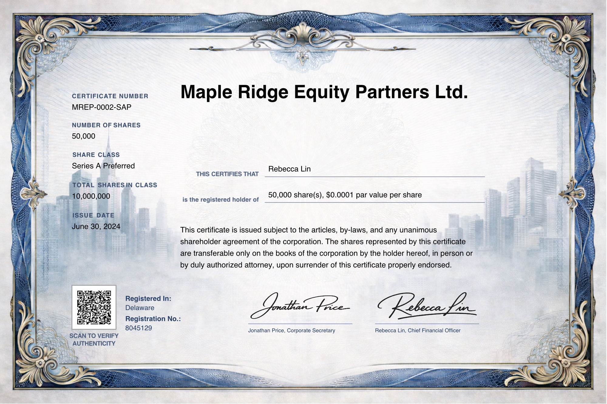 Preview of share certificate