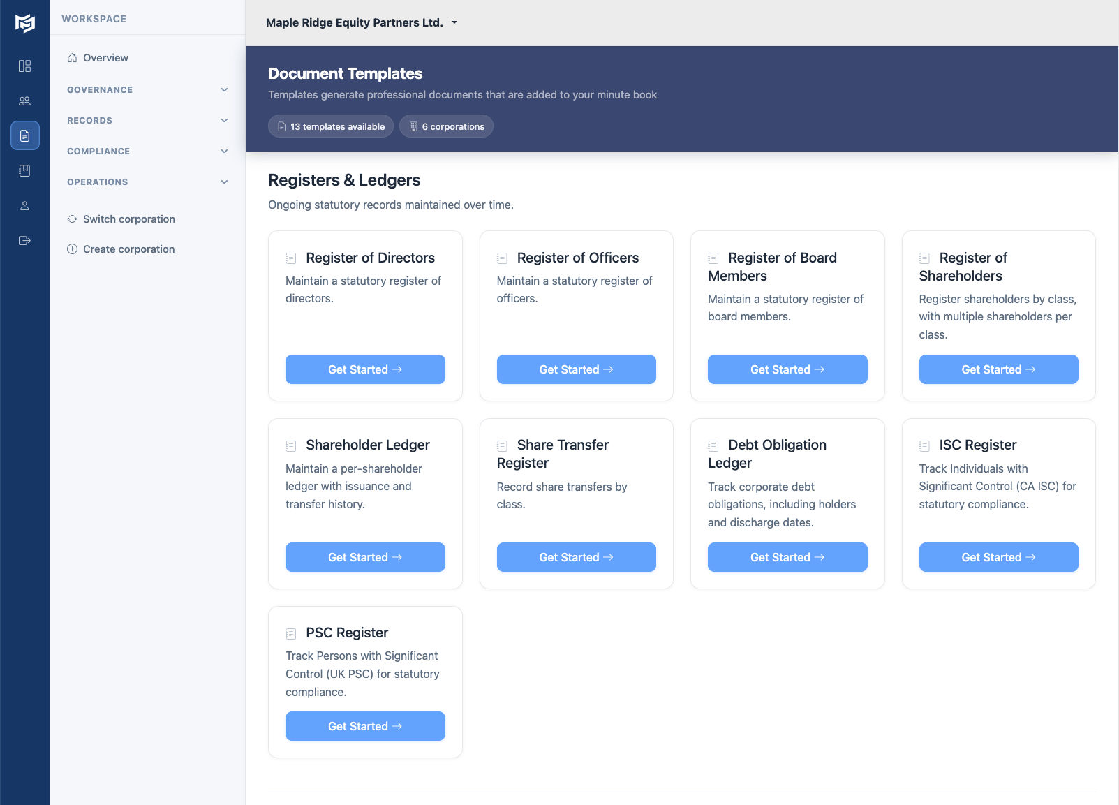 Preview of the Document templates page