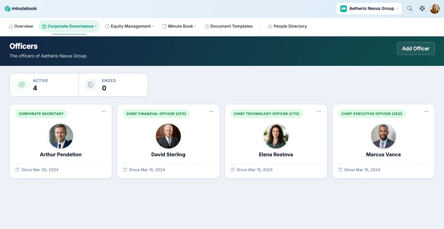 The officers page in Minute Book Cloud, showing four active officers (corporate secretary, chief financial officer, chief technology officer and chief executive officer), each with the date they took office.