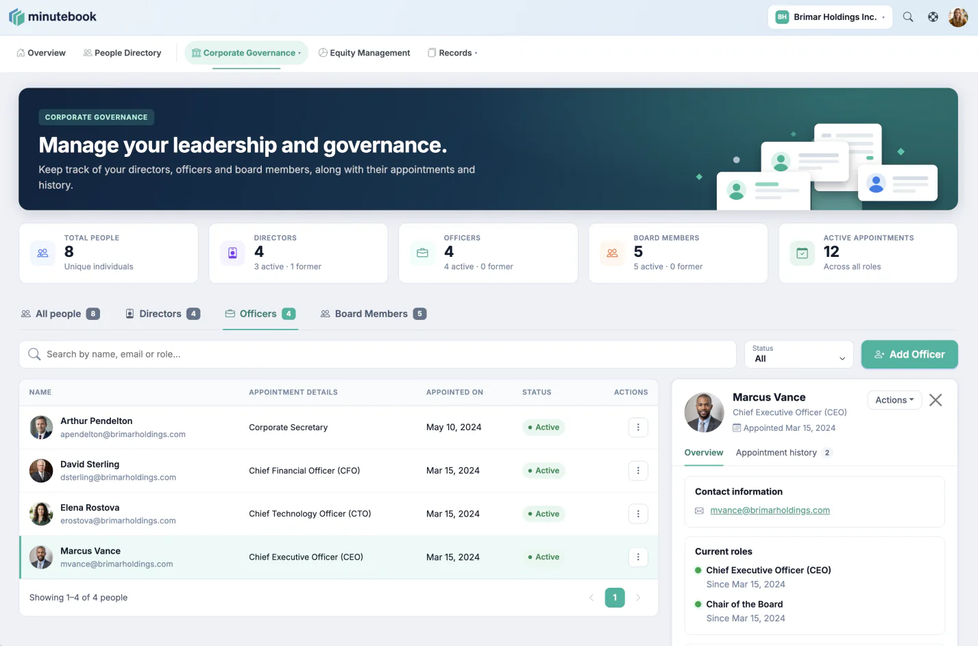 The officers page in Minute Book Cloud, showing four active officers (corporate secretary, chief financial officer, chief technology officer and chief executive officer), each with the date they took office, and a detail panel listing the current roles of the selected officer.