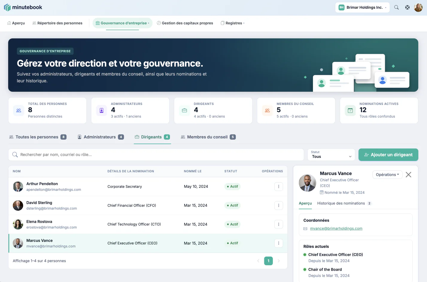 La page des dirigeants dans Minute Book Cloud, qui montre quatre dirigeants en fonction (secrétaire, chef des finances, chef de la technologie et chef de la direction), chacun avec sa date d’entrée en fonction, et un panneau listant les rôles actuels du dirigeant sélectionné.