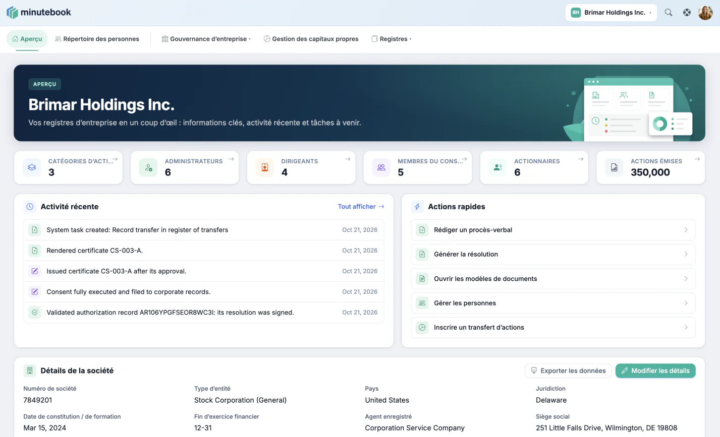 Aperçu de la société Brimar Holdings Inc. dans Minute Book Cloud&nbsp;: nombre de catégories d’actions, d’administrateurs, de dirigeants, de membres du conseil, d’actionnaires et d’actions émises, activité récente, actions rapides et détails de la société.
