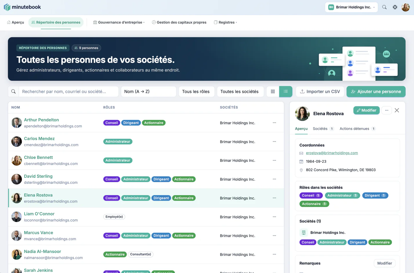 Le répertoire des personnes dans Minute Book Cloud, qui liste chaque personne avec son courriel, ses rôles (conseil, administrateur, dirigeant, actionnaire) et sa société, avec un panneau ouvert sur une personne montrant ses coordonnées et ses rôles.