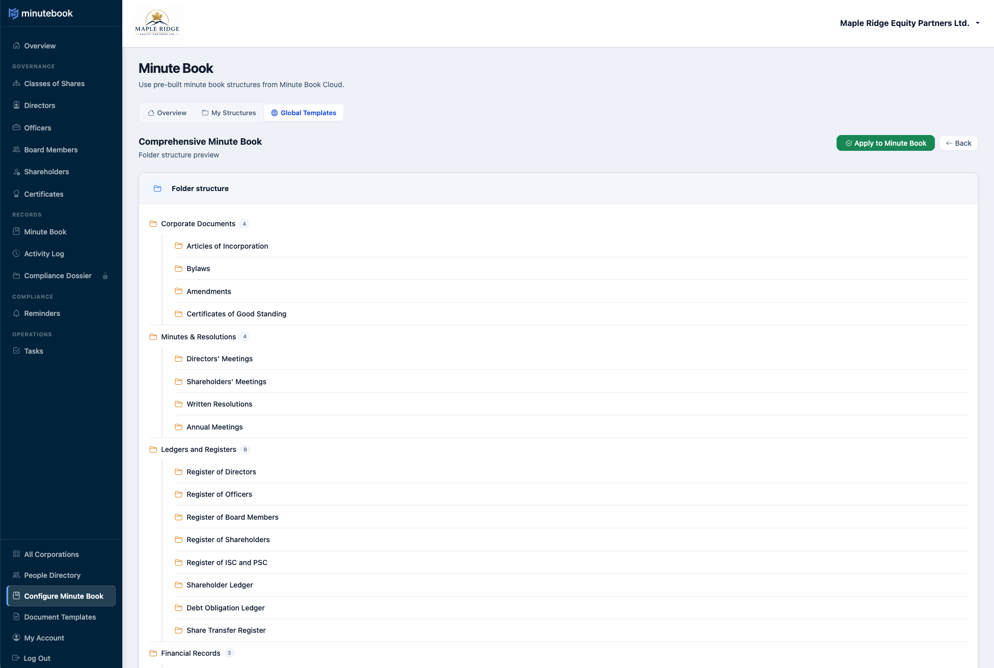 Minute book folder structure with Corporate Documents, Minutes and Resolutions, Ledgers and Registers