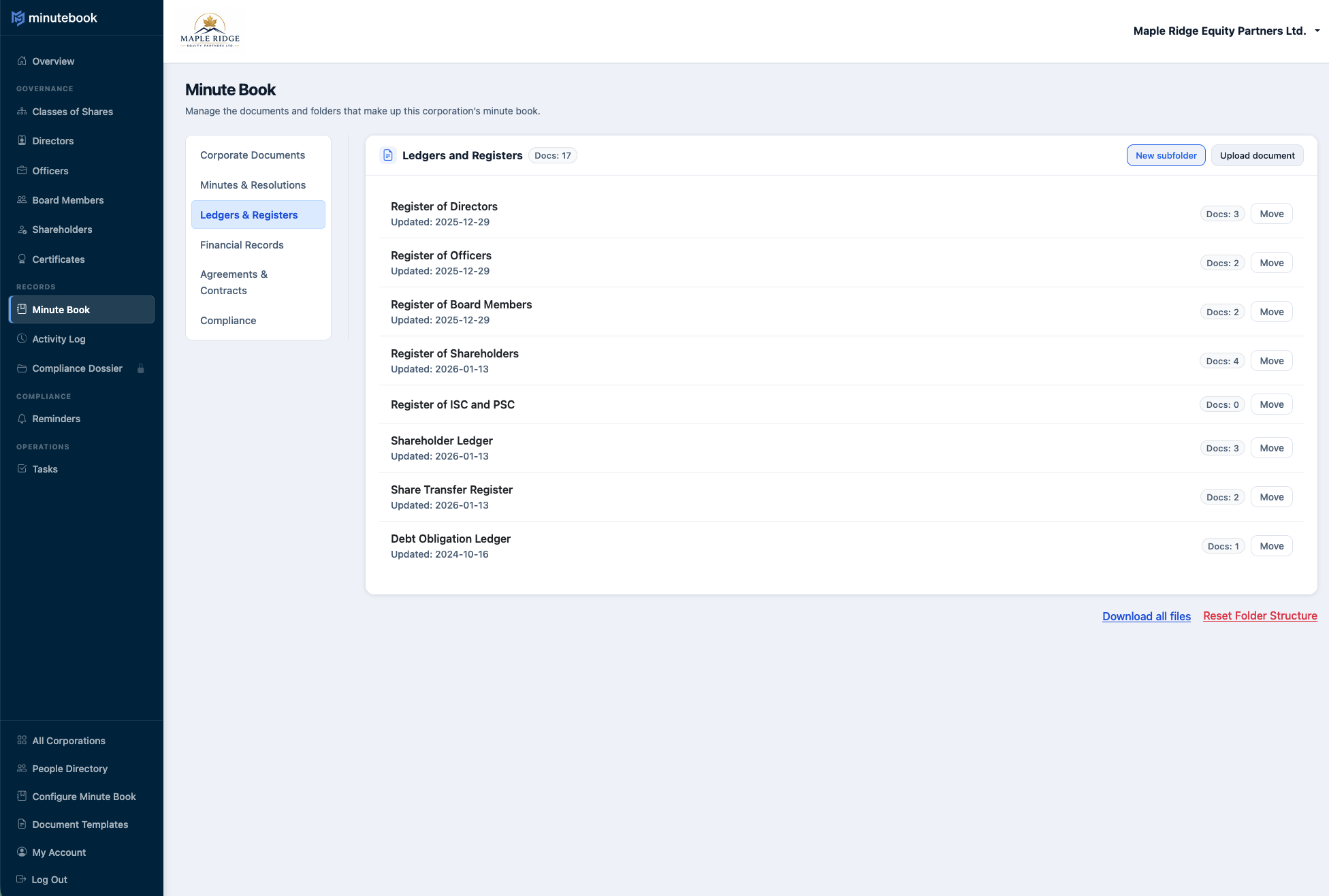 Structured minute book ready to export as a compliance dossier