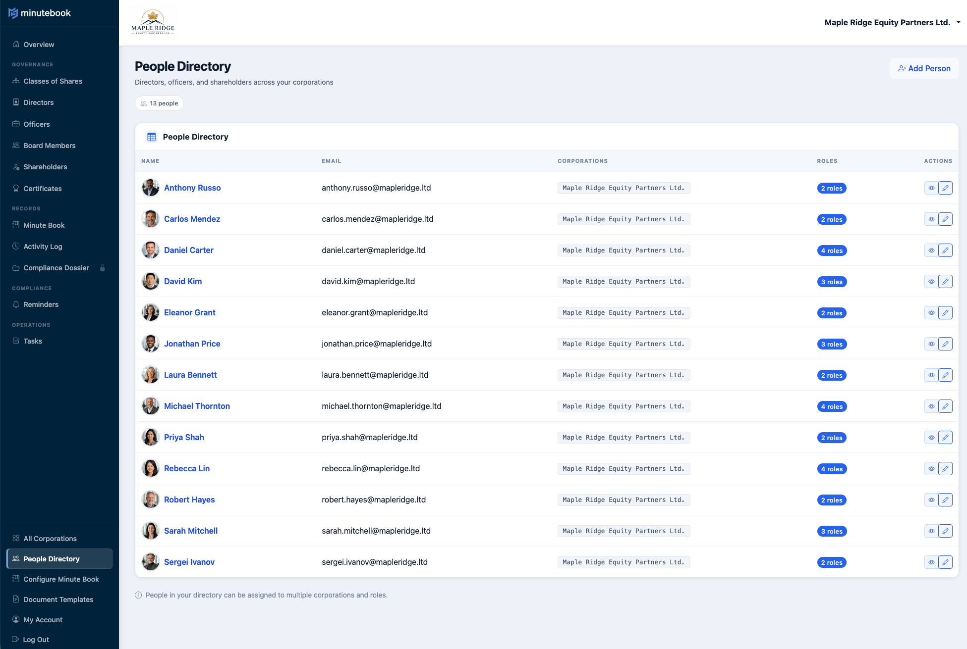 Firm workspace showing people across multiple client corporations