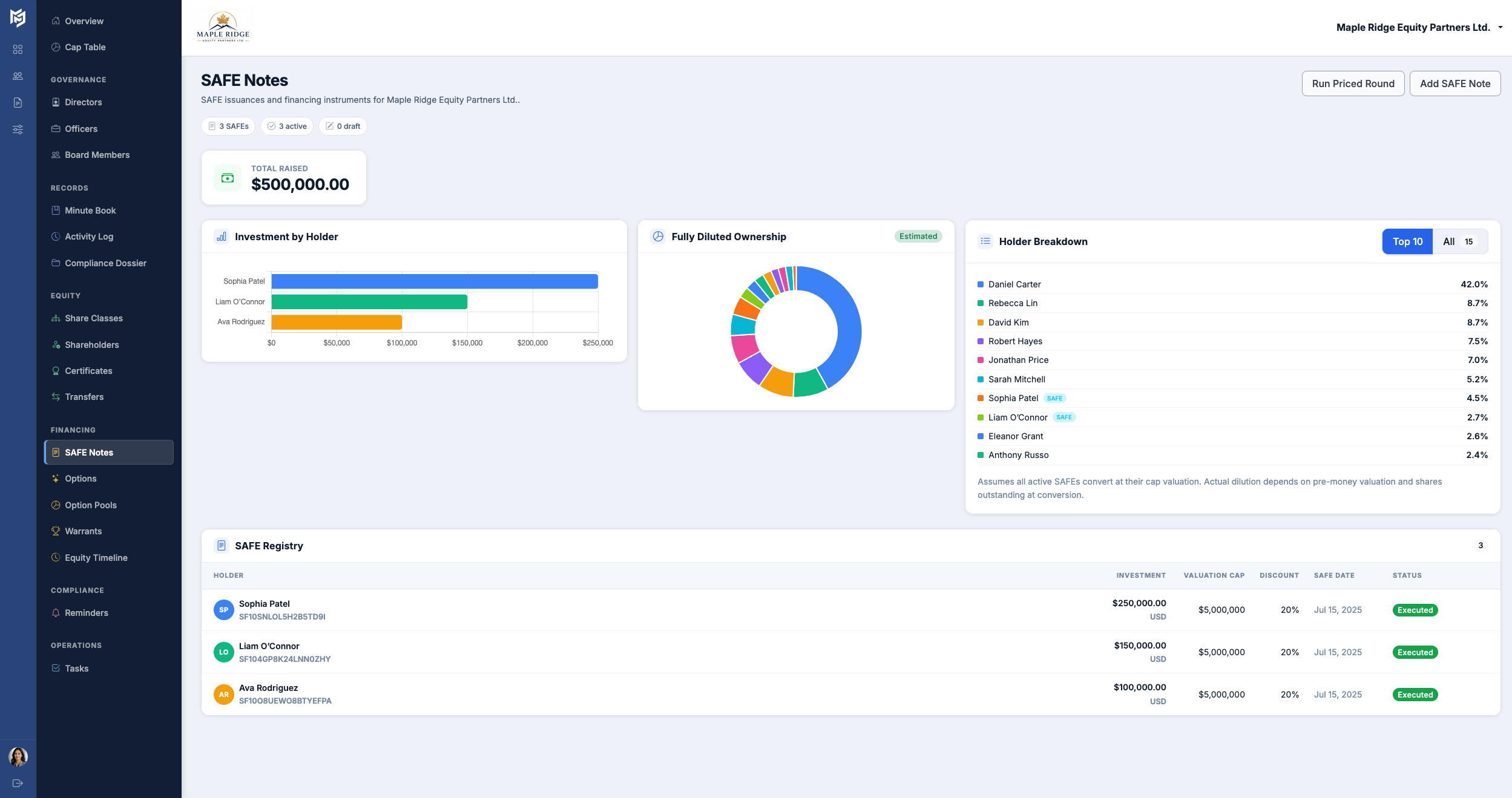 SAFE notes register with cap, discount, and conversion status per investor